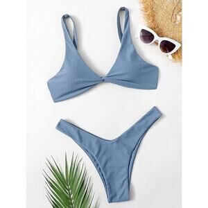 Small Slate Blue, Twist Front, High Cut Thong Bikini